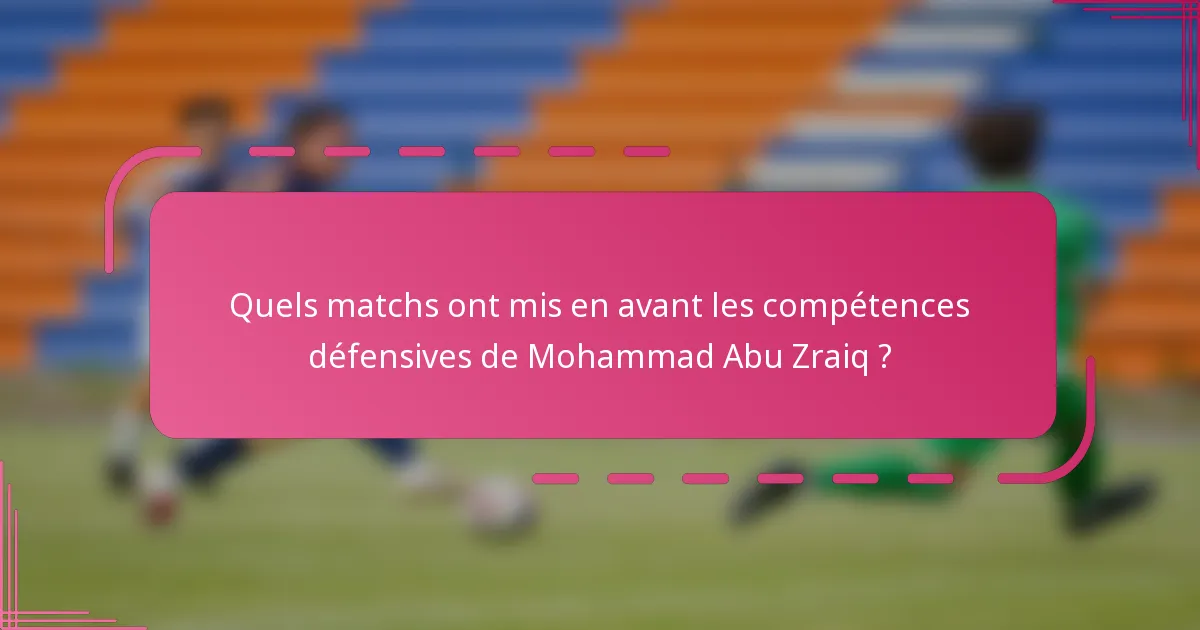 Quels matchs ont mis en avant les compétences défensives de Mohammad Abu Zraiq ?